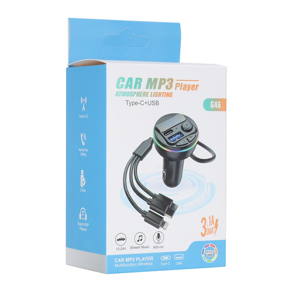 Wireless Car FM Transmitter BT V5.0 with Colorful LED Lights - Convenient MP3 Player with Charge Cable
