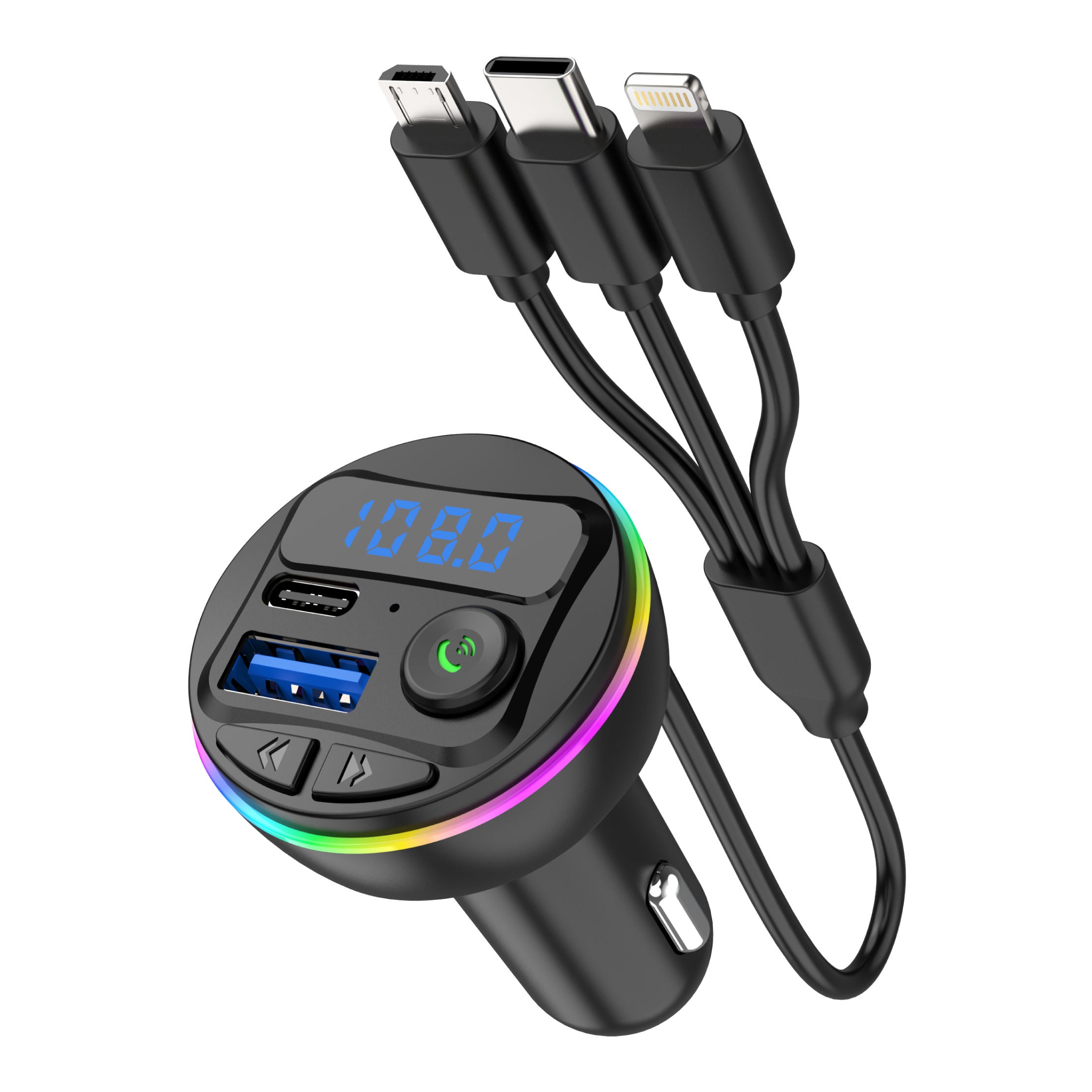 Wireless Car FM Transmitter BT V5.0 with Colorful LED Lights - Convenient MP3 Player with Charge Cable