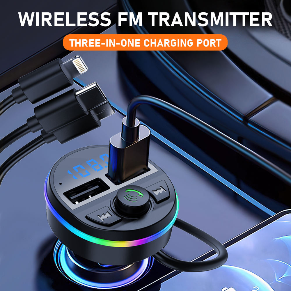 Wireless Car FM Transmitter BT V5.0 with Colorful LED Lights - Convenient MP3 Player with Charge Cable