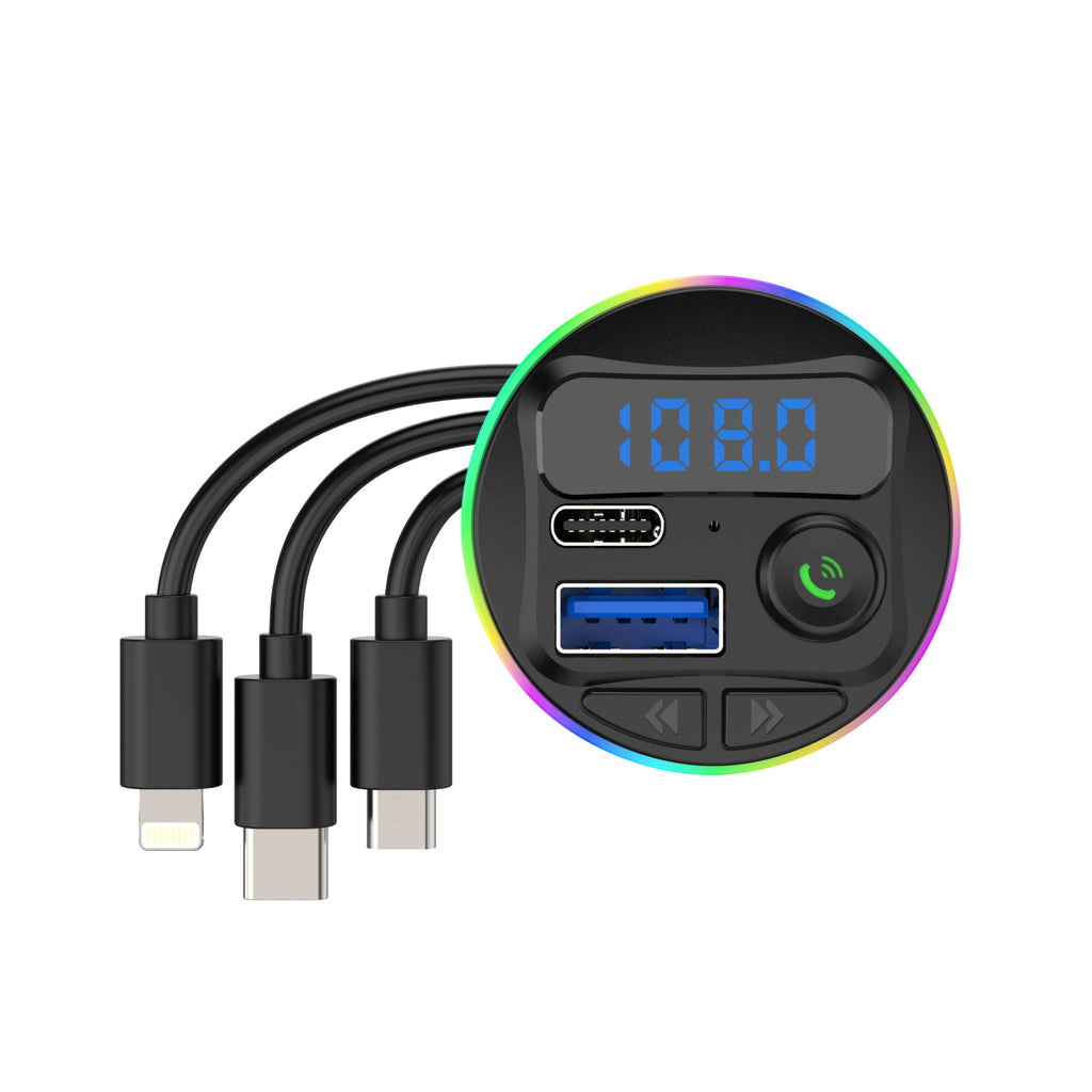 Wireless Car FM Transmitter BT V5.0 with Colorful LED Lights - Convenient MP3 Player with Charge Cable