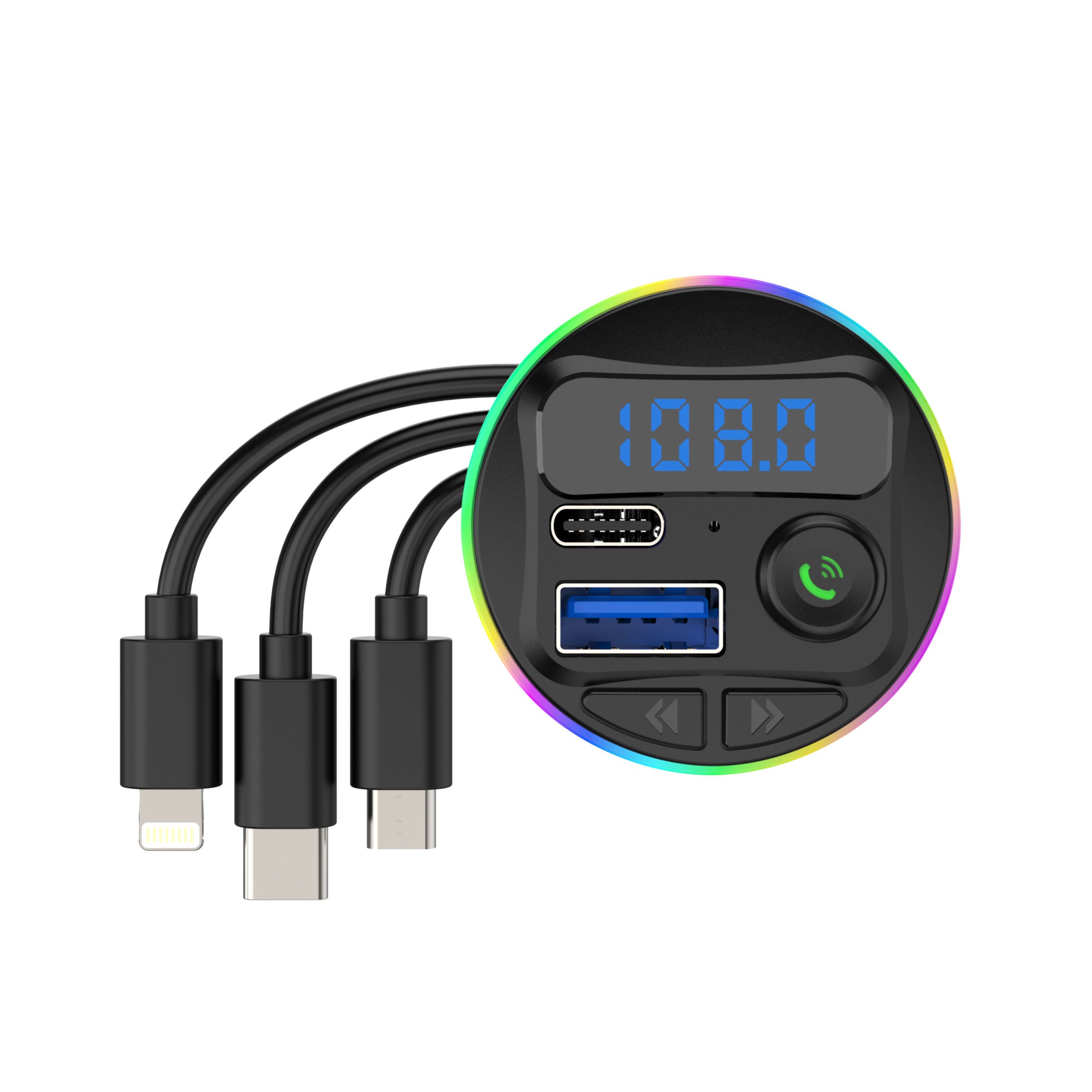 Wireless Car FM Transmitter BT V5.0 with Colorful LED Lights - Convenient MP3 Player with Charge Cable