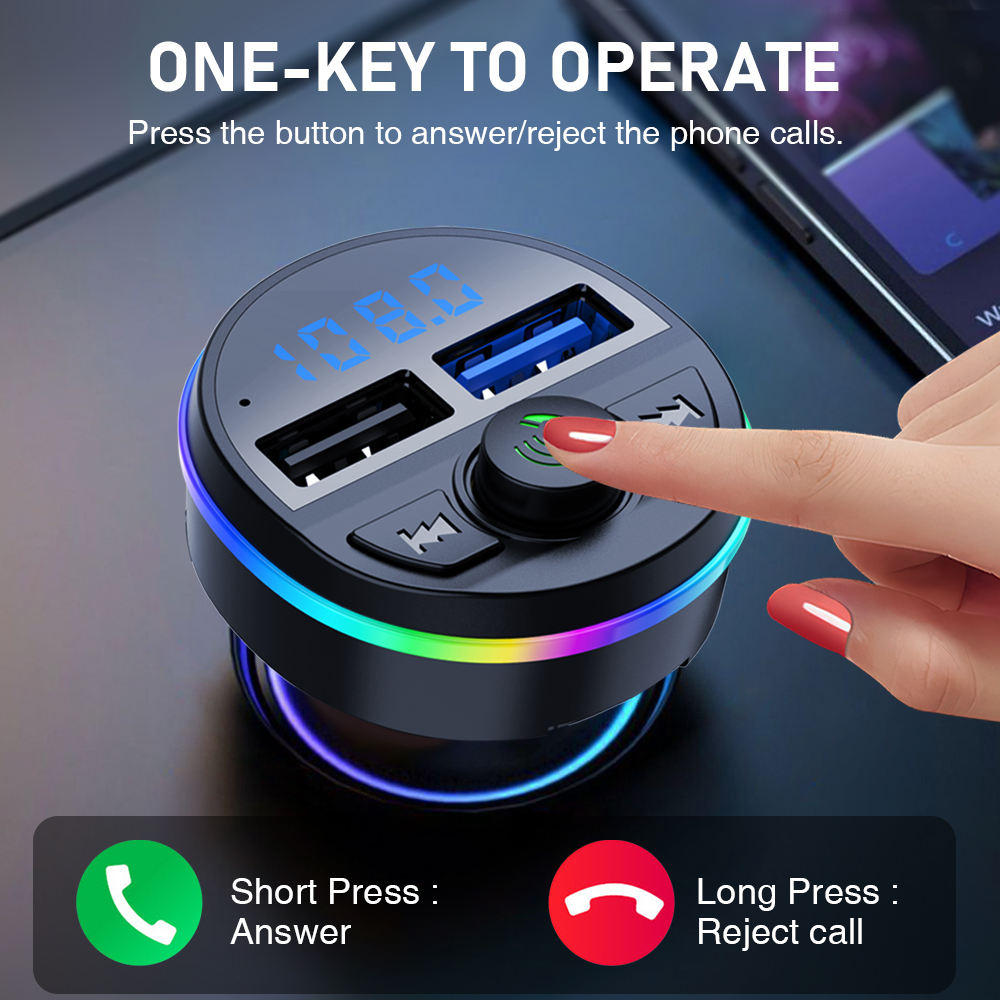 Wireless Car FM Transmitter BT V5.0 with Colorful LED Lights - Convenient MP3 Player with Charge Cable