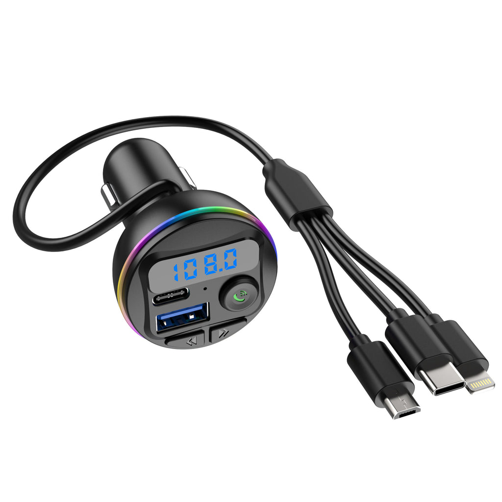 Wireless Car FM Transmitter BT V5.0 with Colorful LED Lights - Convenient MP3 Player with Charge Cable