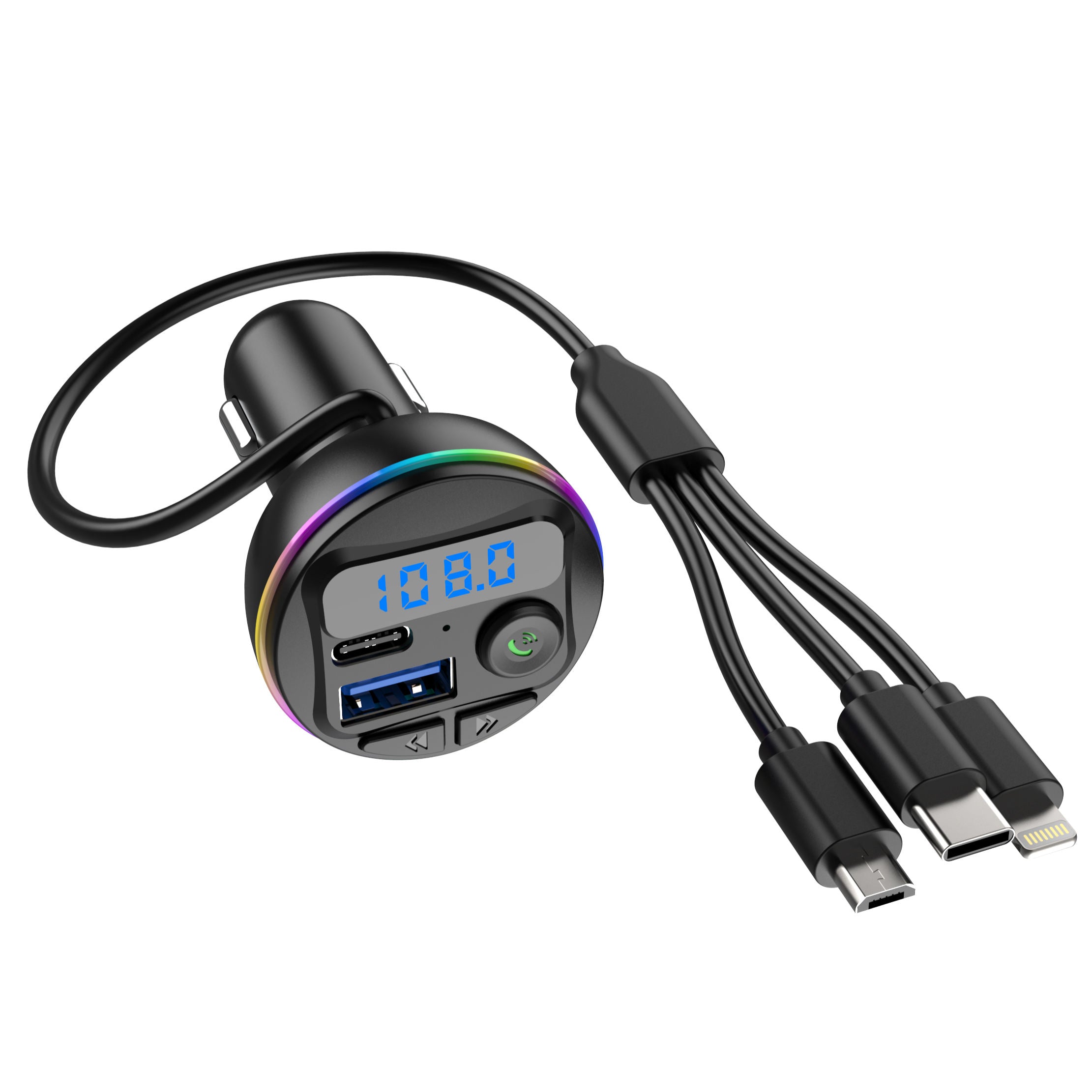 Wireless Car FM Transmitter BT V5.0 with Colorful LED Lights - Convenient MP3 Player with Charge Cable