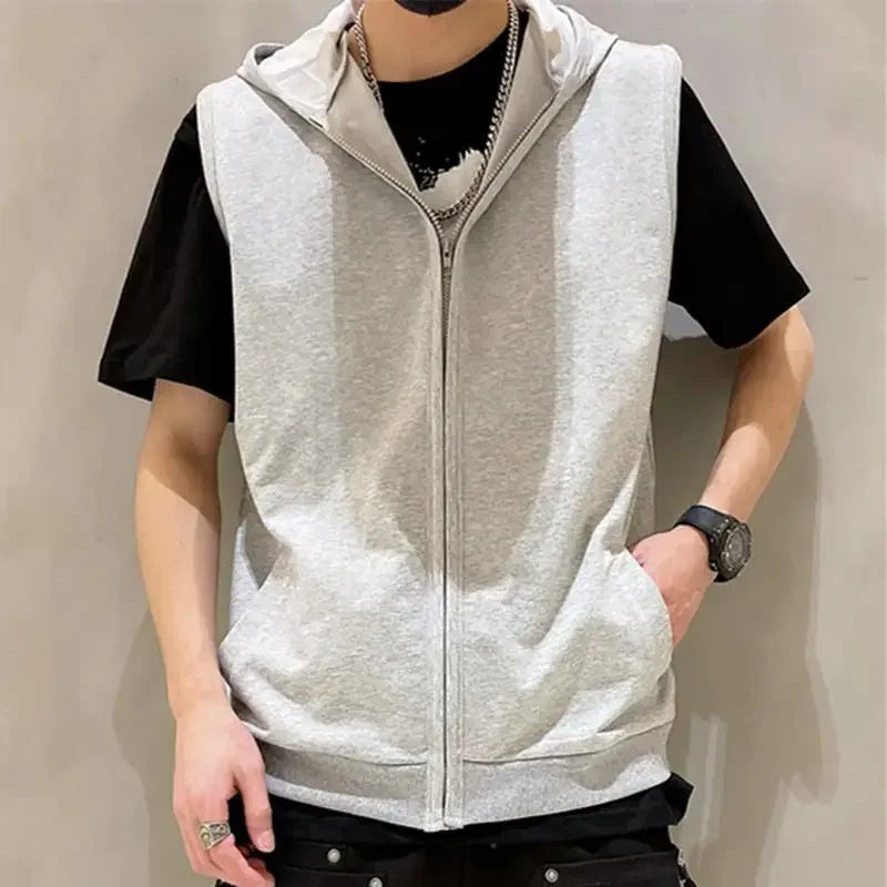 Spring Summer Hooded Vest Men Trendy Slimming Fitness Vest Cardigan Jacket Thin Hoodie Sweatshirt Outerwear