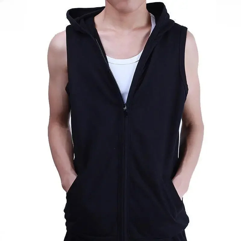 Spring Summer Hooded Vest Men Trendy Slimming Fitness Vest Cardigan Jacket Thin Hoodie Sweatshirt Outerwear