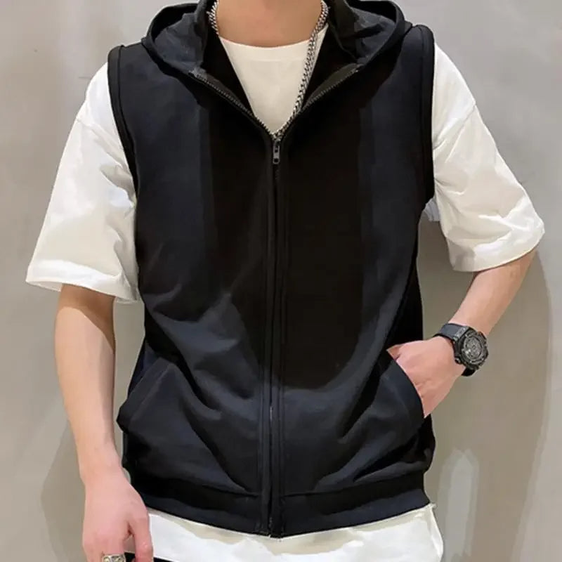 Spring Summer Hooded Vest Men Trendy Slimming Fitness Vest Cardigan Jacket Thin Hoodie Sweatshirt Outerwear
