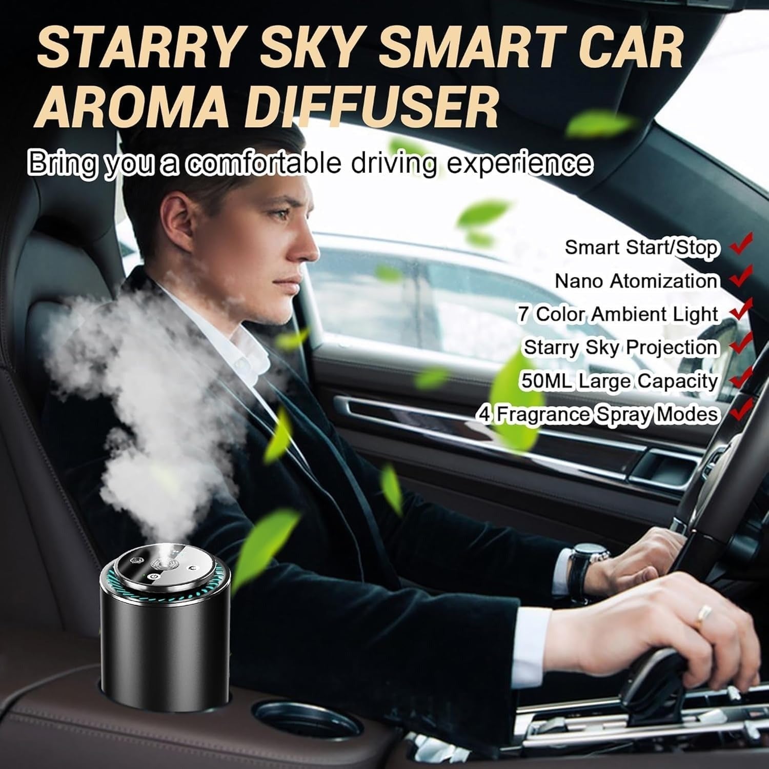 Smart Car Air Freshener - Automatic Essential Oils Aroma Diffuser - Auto On/Off Fragrance Fresheners with Starry Lights Projector