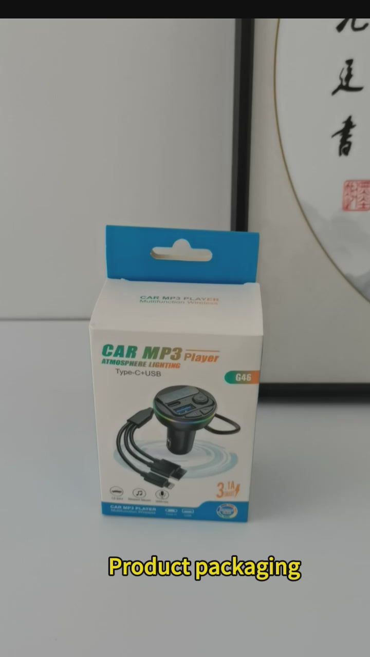 Wireless Car FM Transmitter BT V5.0 with Colorful LED Lights - Convenient MP3 Player with Charge Cable